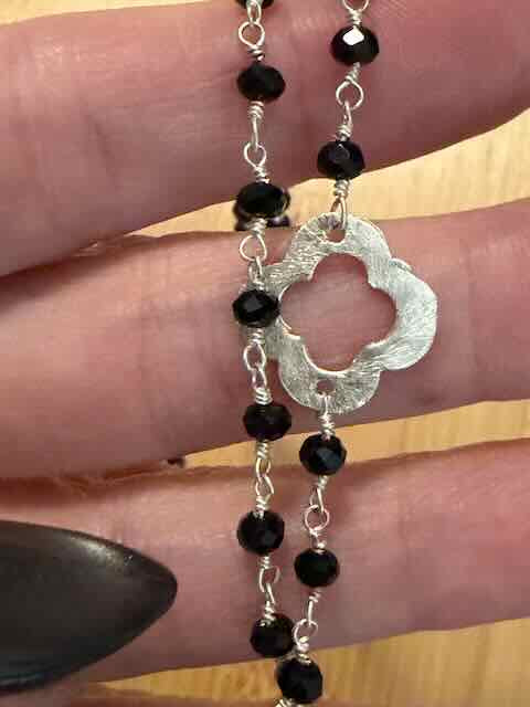 Clover Trellis Black Spinel Double Strand Necklace, Sterling Silver Quatrefoil Beaded Necklace