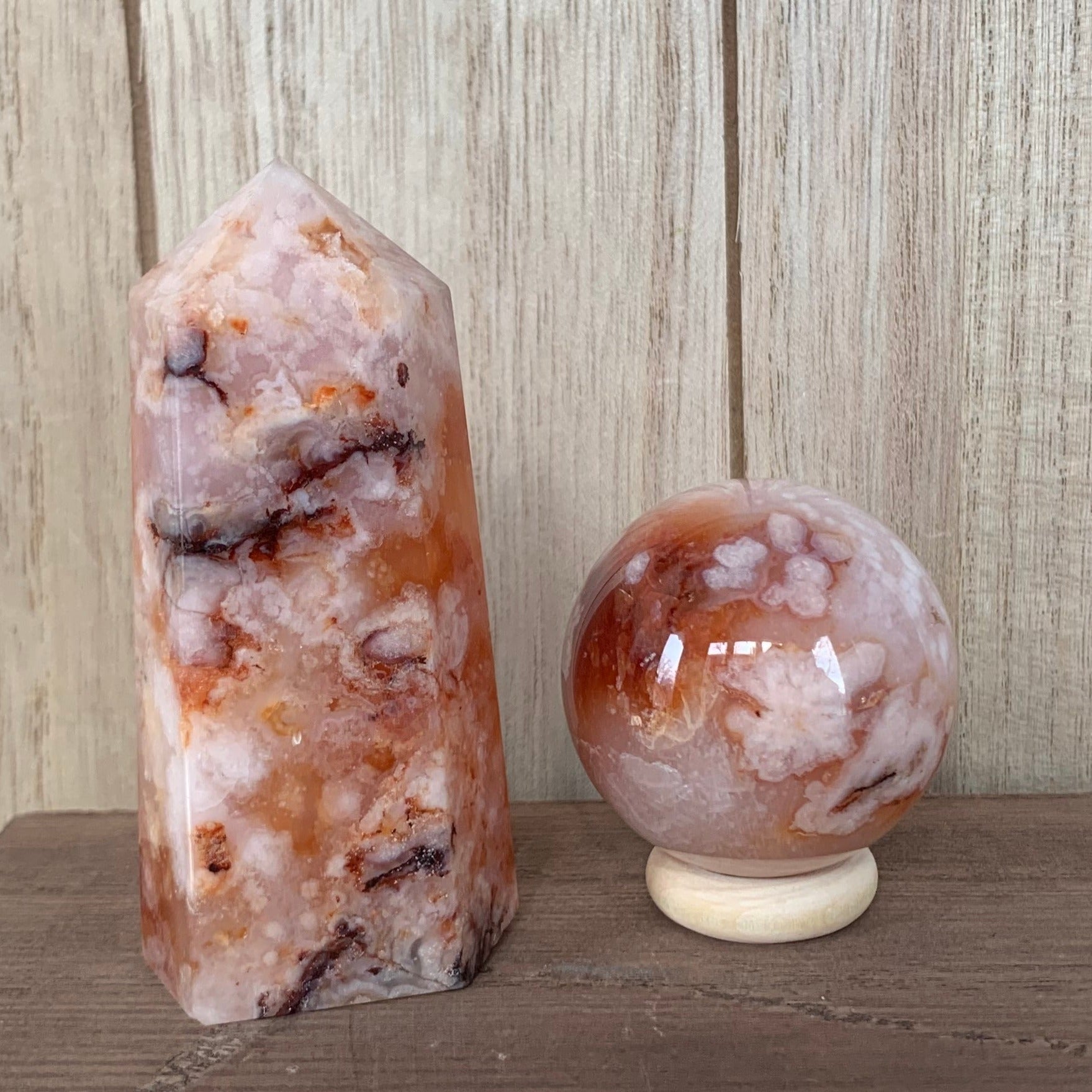 Mirabel Carnelian Flower Agate Sphere + Tower Set – Cyan Moon Crystals