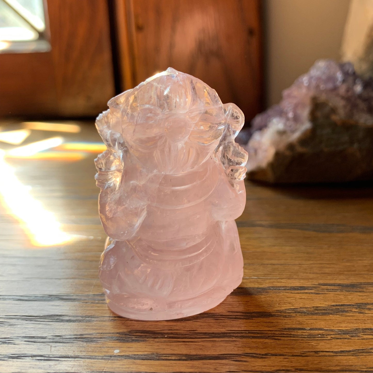 Rose Quartz Ganesha Statue | Hand Carved Pink Quartz Hindu Elephant Deity | Heart Chakra Decor | 2.42" h x 1.39" w