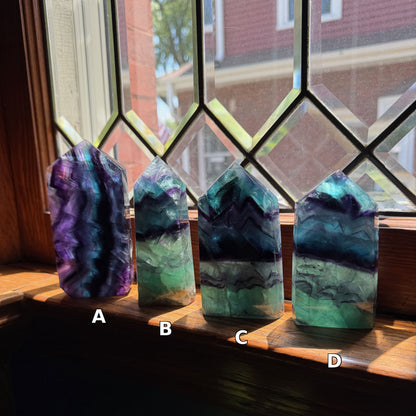 Rainbow Fluorite Slab Tower | Green Purple Blue Banded Crystal Point | Choose Your Piece A, B, C or D