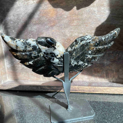 Black Tourmaline in Quartz Angel Wings Carving with Custom Stand // Small 8" w x 3.5" h