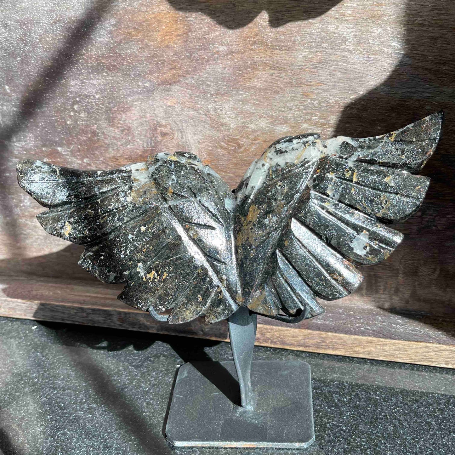 Black Tourmaline in Quartz Angel Wings Carving with Custom Stand // Small 8" w x 3.5" h