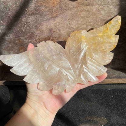 Rose Quartz + Golden Healer Angel Wings Carving with custom stand