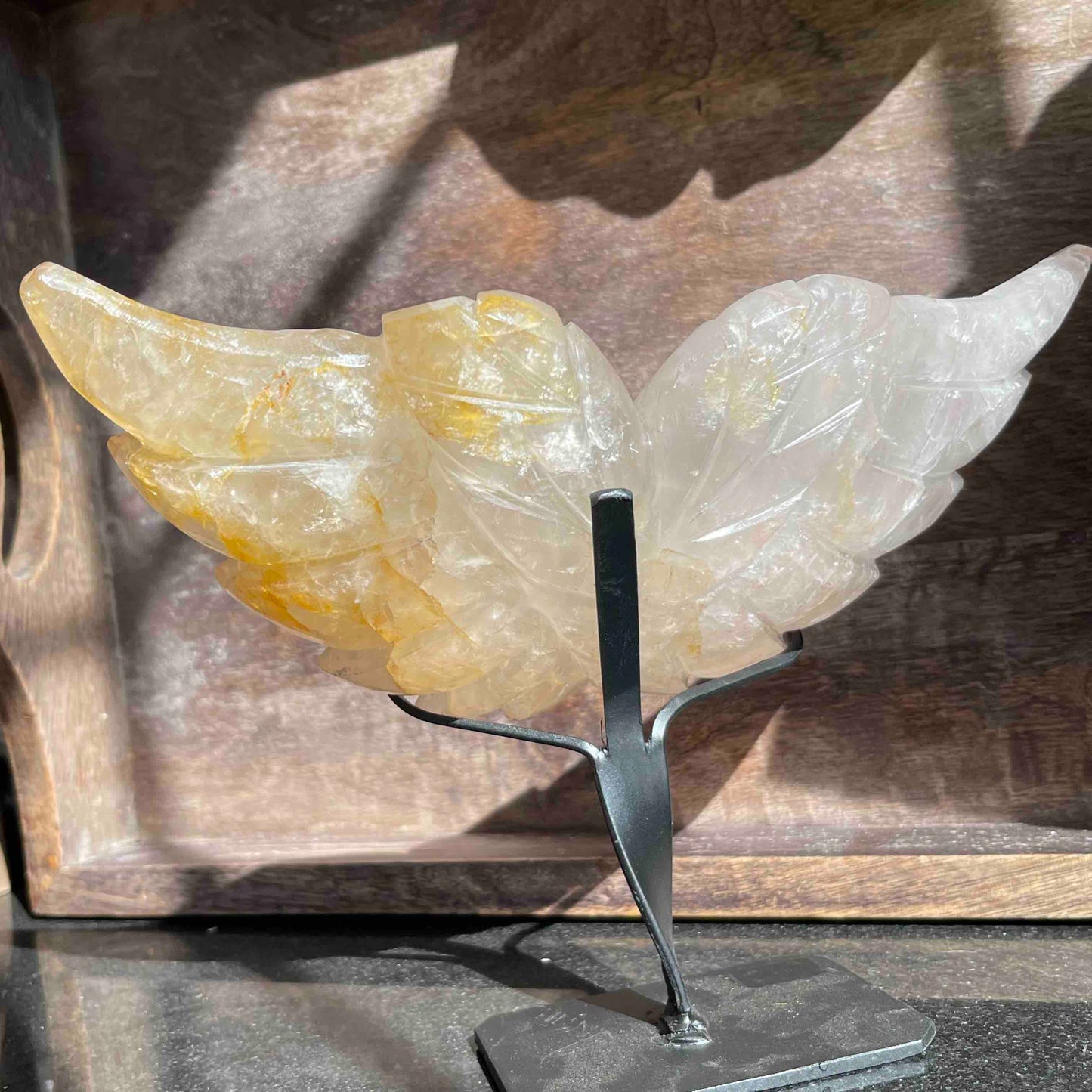 Rose Quartz + Golden Healer Angel Wings Carving with custom stand