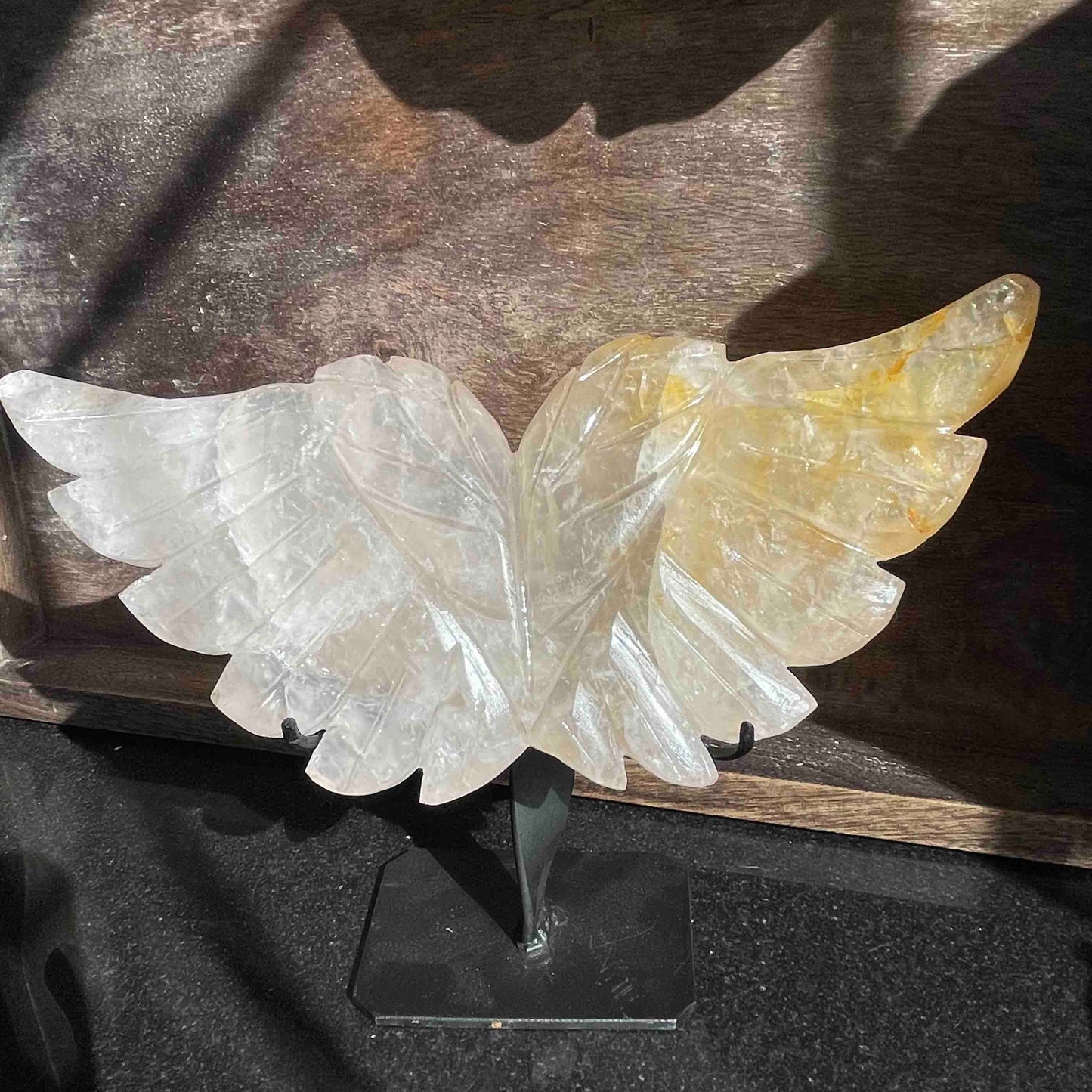 Rose Quartz + Golden Healer Angel Wings Carving with custom stand