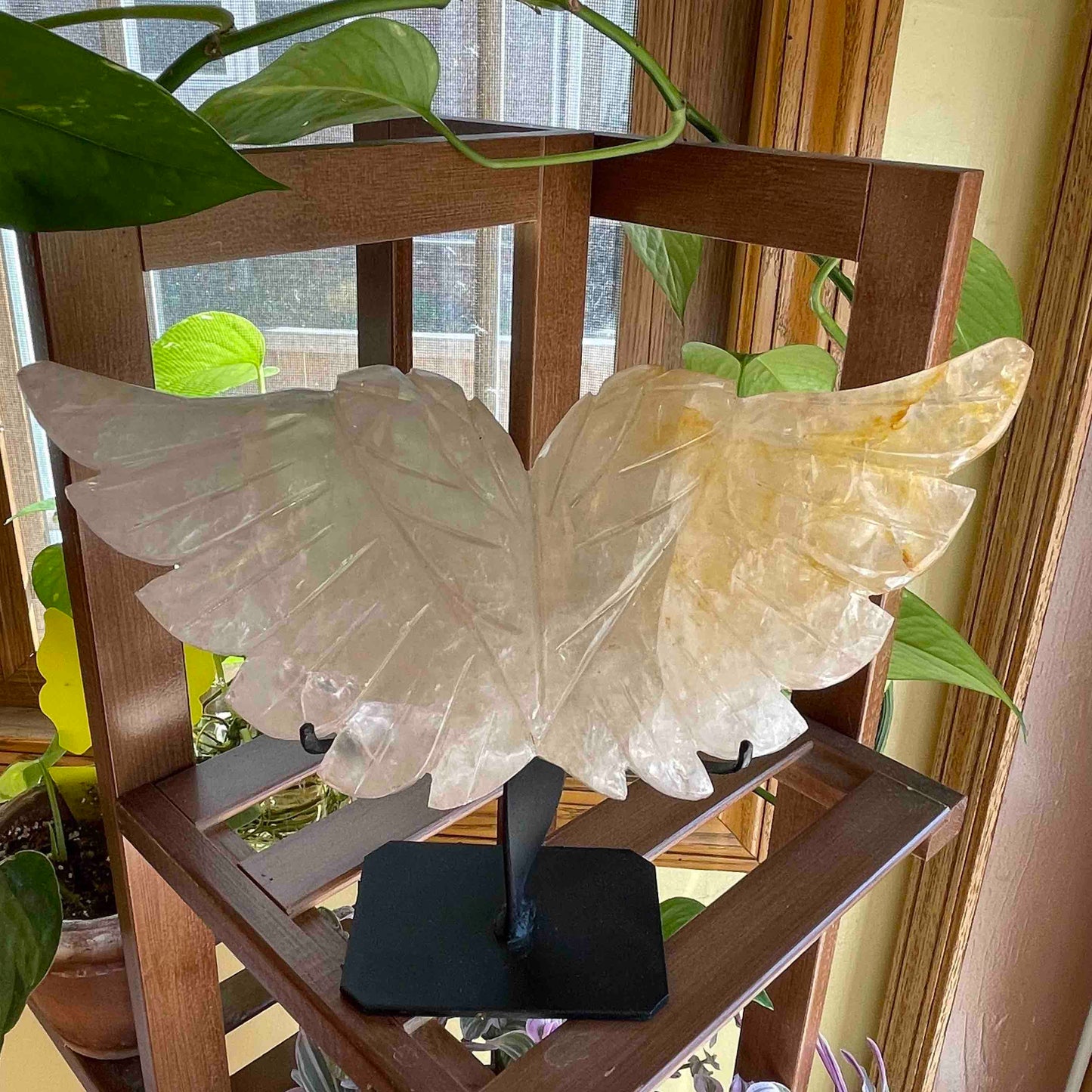 Rose Quartz + Golden Healer Angel Wings Carving with custom stand