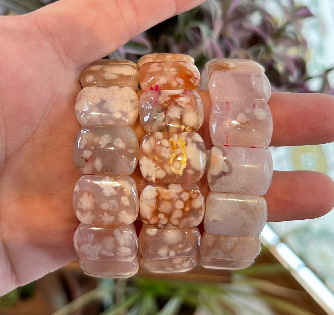 Flower Agate Square Bead Bangle Bracelets