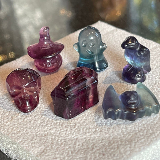 Mini Rainbow Fluorite Halloween Carvings // Raven, Jack-o-Lantern, Skull, Coffin, Ghost, Bat