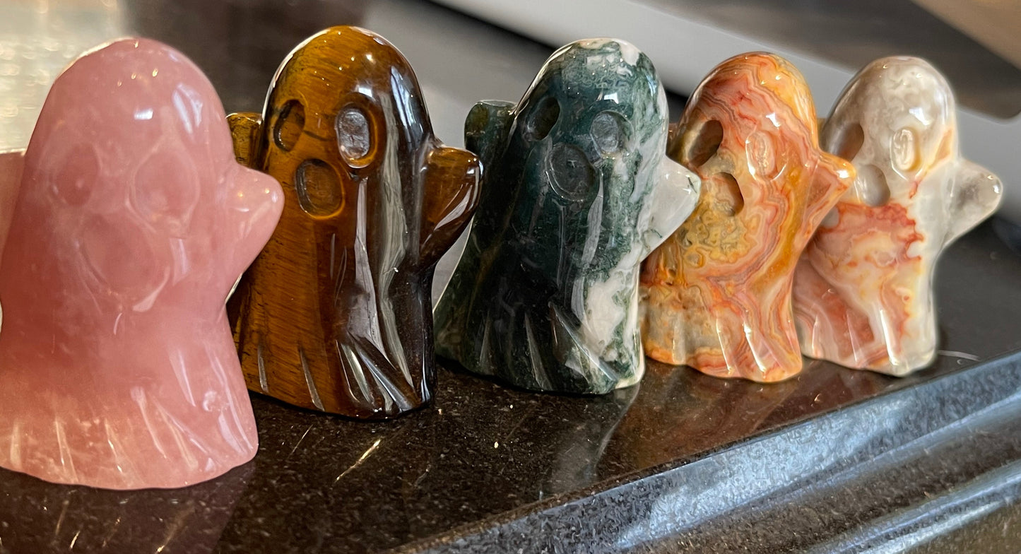 Ghost Carvings: Crazy Lace Agate (Orange or White), Moss Agate, Rose Quartz or Tigers Eye