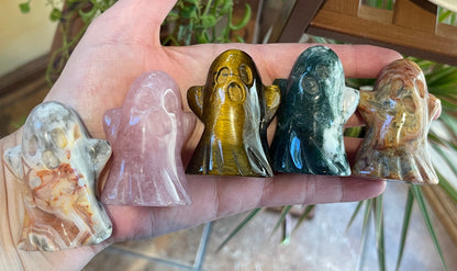 Ghost Carvings: Crazy Lace Agate (Orange or White), Moss Agate, Rose Quartz or Tigers Eye