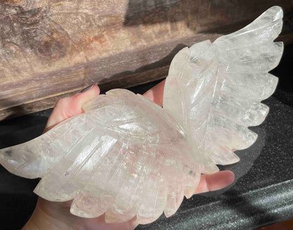 Clear Quartz Angel Wings Carving with Custom Stand // Full of Rainbows