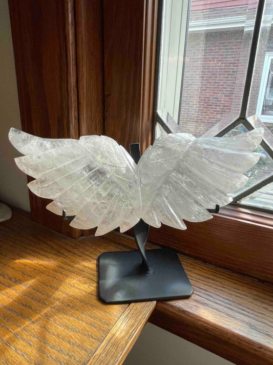 Clear Quartz Angel Wings Carving with Custom Stand // Full of Rainbows