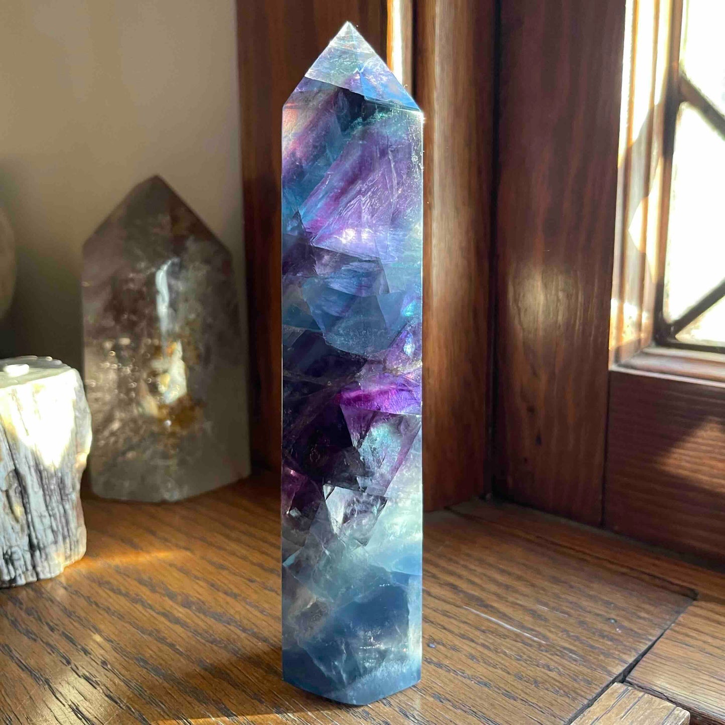 Purple, Aqua + Blue Fluorite Tower // Amazing Clarity, Polish + Rainbows // Small Surface Crack - Adjusted Price