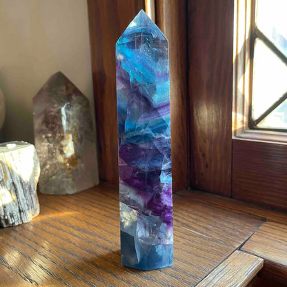 Purple, Aqua + Blue Fluorite Tower // Amazing Clarity, Polish + Rainbows // Small Surface Crack - Adjusted Price