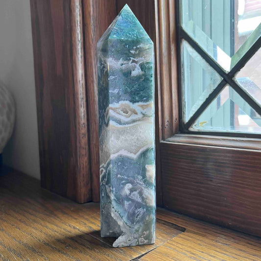 6.75" Large Moss Agate Tower // Sparkling Druzy + Quartz Pocket