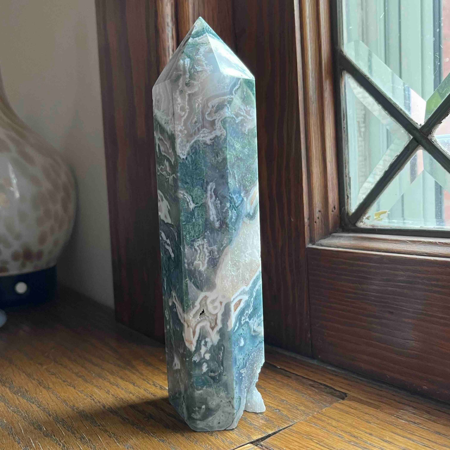 6.75" Large Moss Agate Tower // Sparkling Druzy + Quartz Pocket