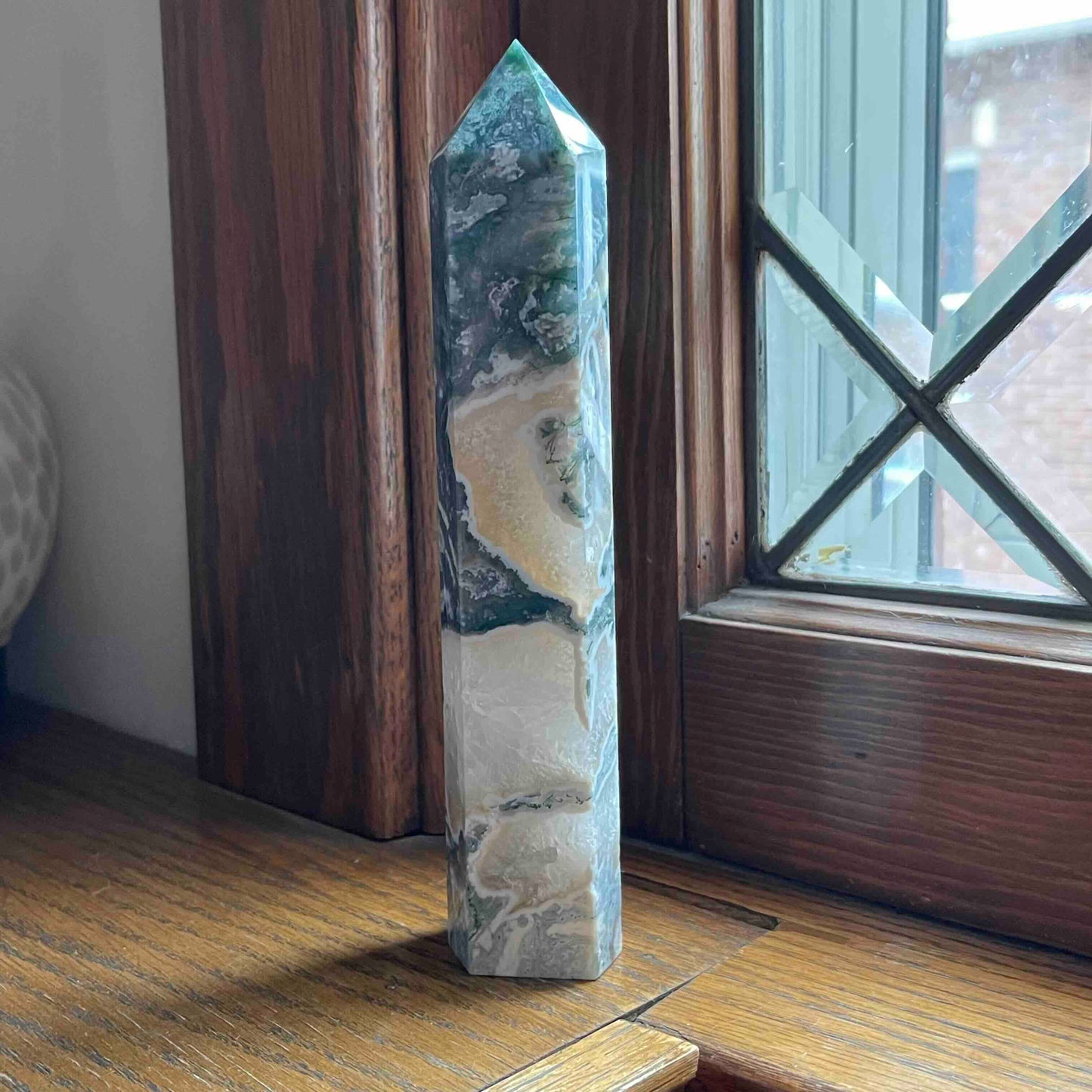 8" Large Moss Agate Tower with Sparkly Quartz