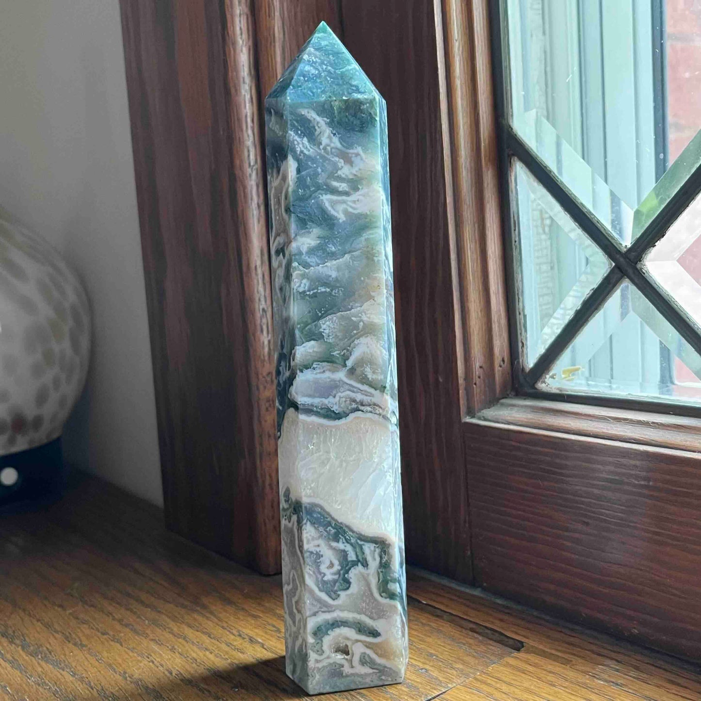 8" Large Moss Agate Tower with Sparkly Quartz