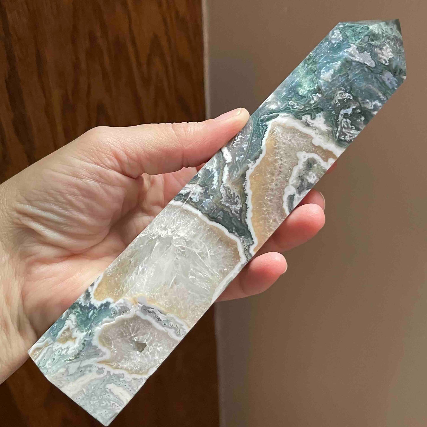 8" Large Moss Agate Tower with Sparkly Quartz