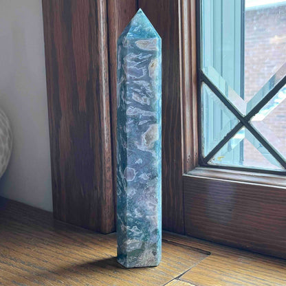 8.75" Large Moss Agate Tower // Sparkling Druzy + Quartz Pocket