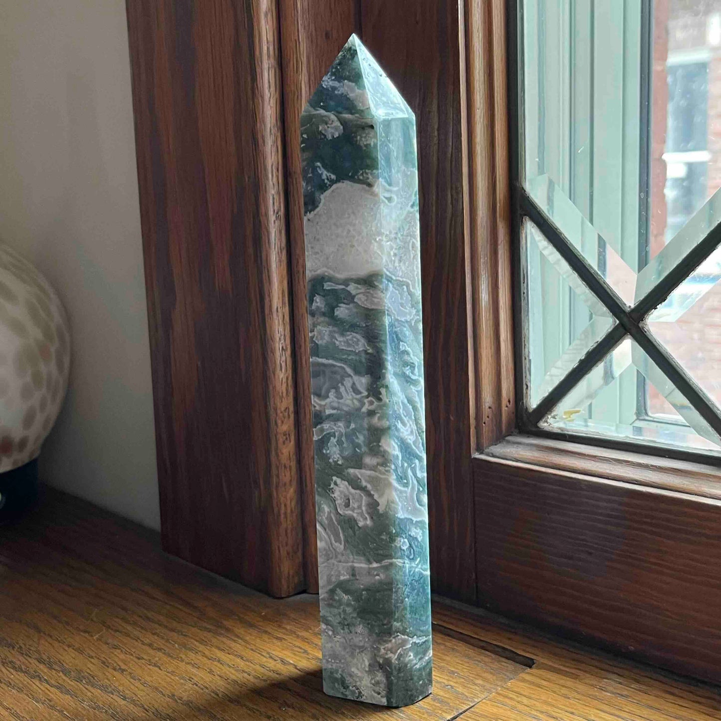 8.75" Large Moss Agate Tower // Sparkling Druzy + Quartz Pocket