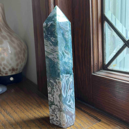 7" Large Moss Agate Tower // Amazing Druzy