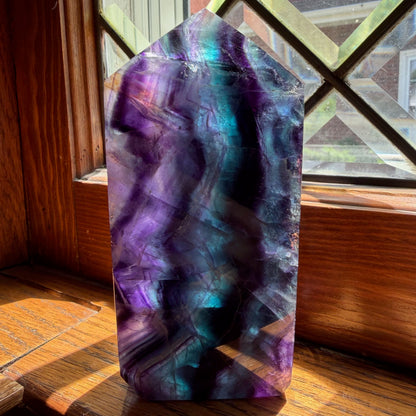 Rainbow Fluorite Slab Tower | Green Purple Blue Banded Crystal Point | Choose Your Piece A, B, C or D