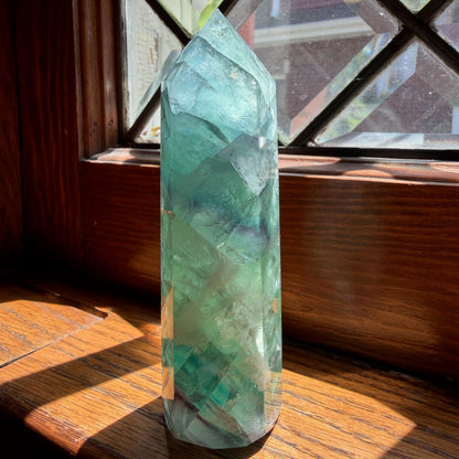 Green Fluorite Tower | Aqua Green Crystal Point with Soft Purple Accents | Focus Decor Stone