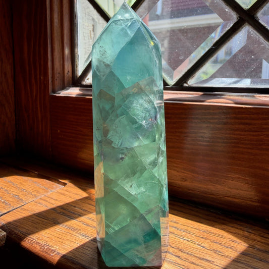 Green Fluorite Tower | Aqua Green Crystal Point with Soft Purple Accents | Focus Decor Stone