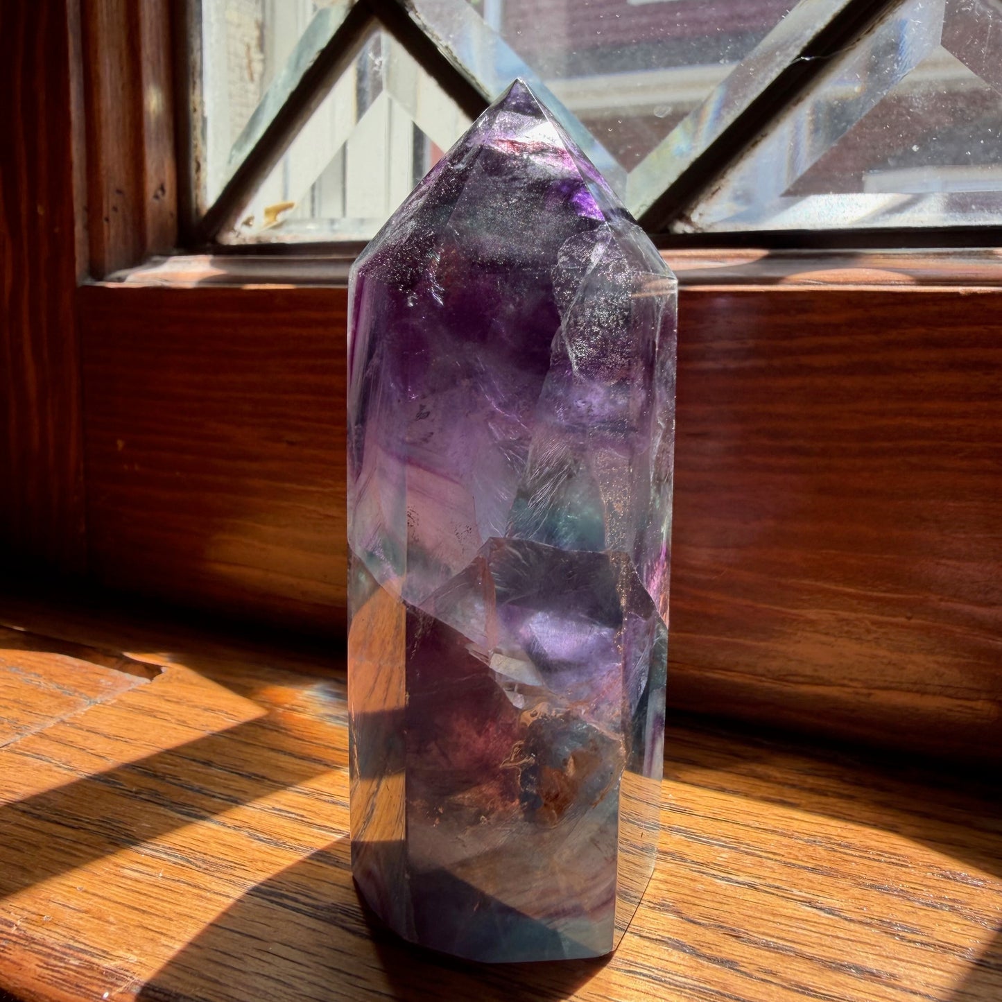 Fluorite Tower | Clear, Purple, and Aqua Banded Crystal Point | Focus and Clarity Decor Stone