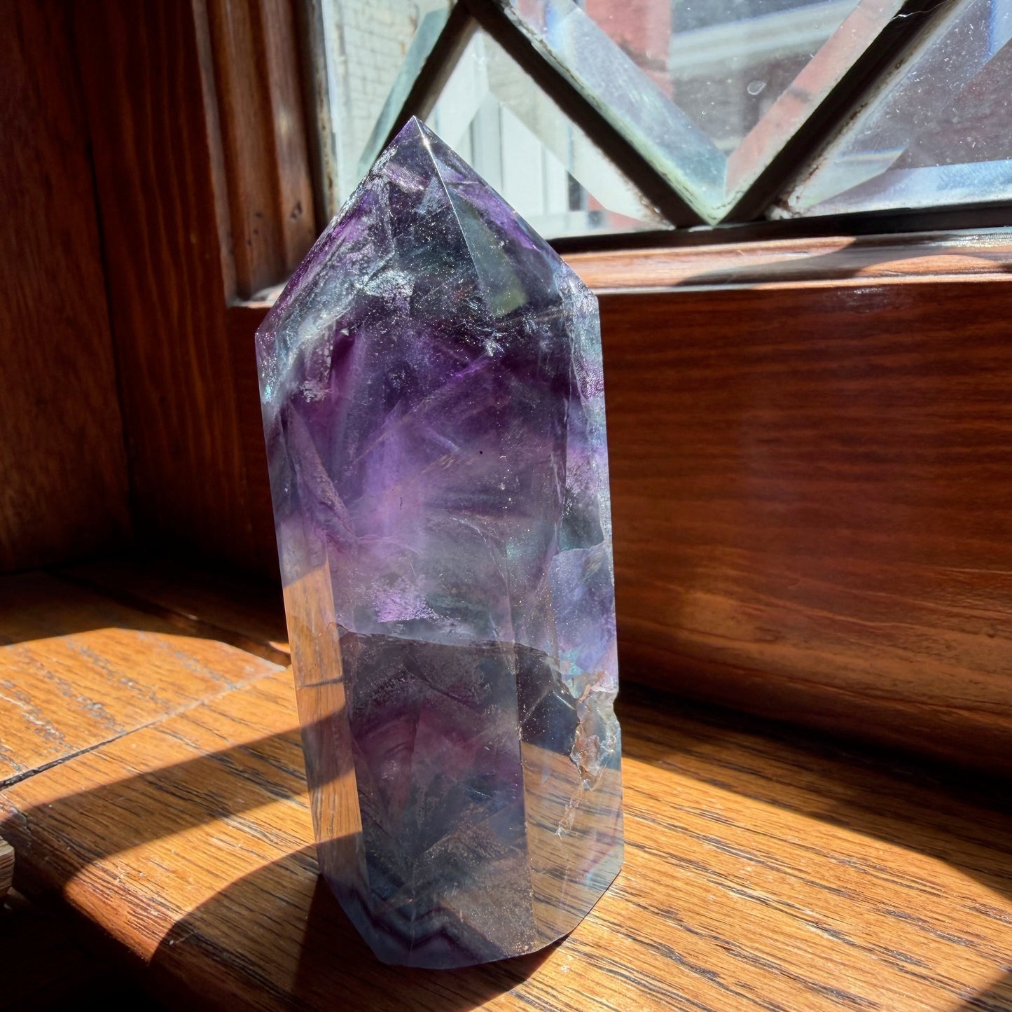 Fluorite Tower | Clear, Purple, and Aqua Banded Crystal Point | Focus and Clarity Decor Stone