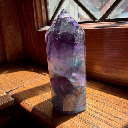 Fluorite Tower | Clear, Purple, and Aqua Banded Crystal Point | Focus and Clarity Decor Stone