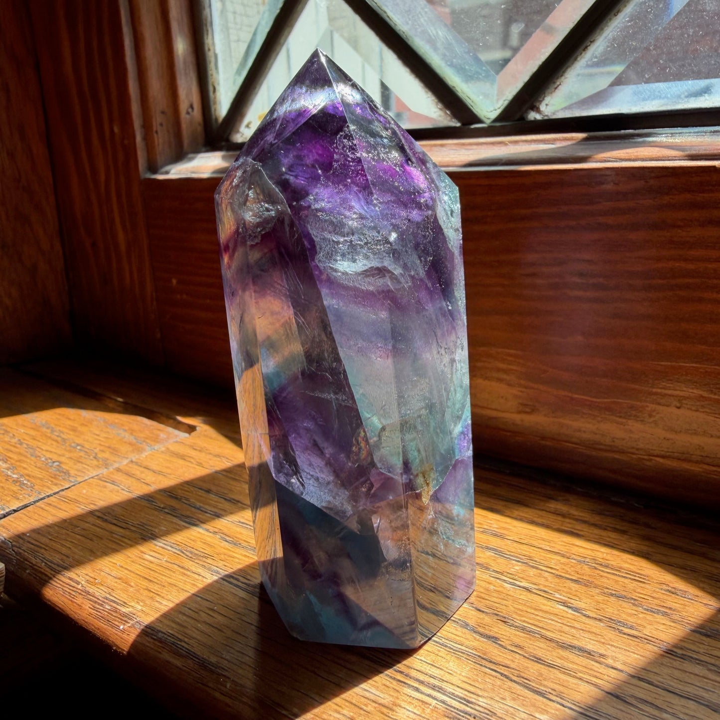 Fluorite Tower | Clear, Purple, and Aqua Banded Crystal Point | Focus and Clarity Decor Stone