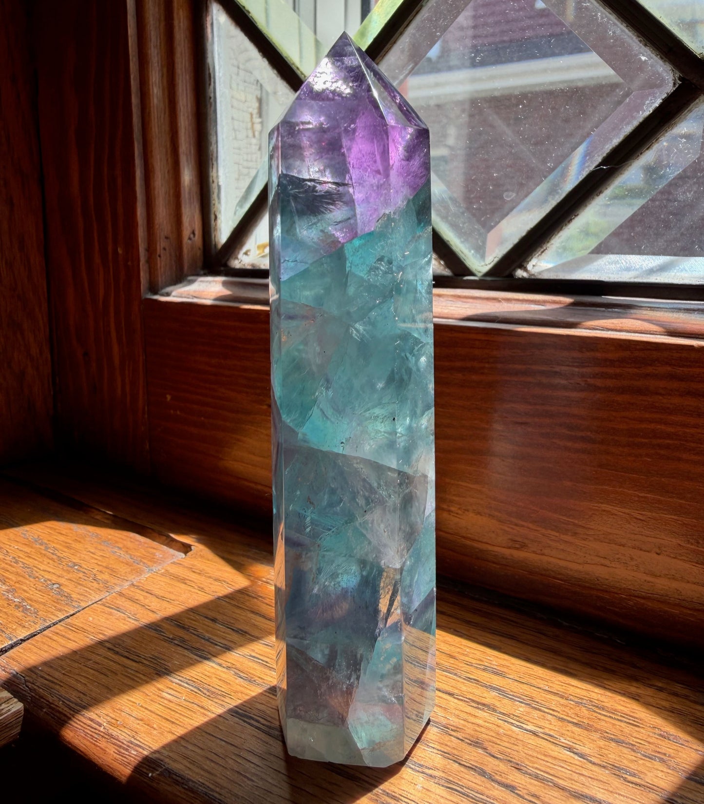 Fluorite Tower | Purple Top with Teal Aqua Body, Banded Crystal Point | Focus Display Stone