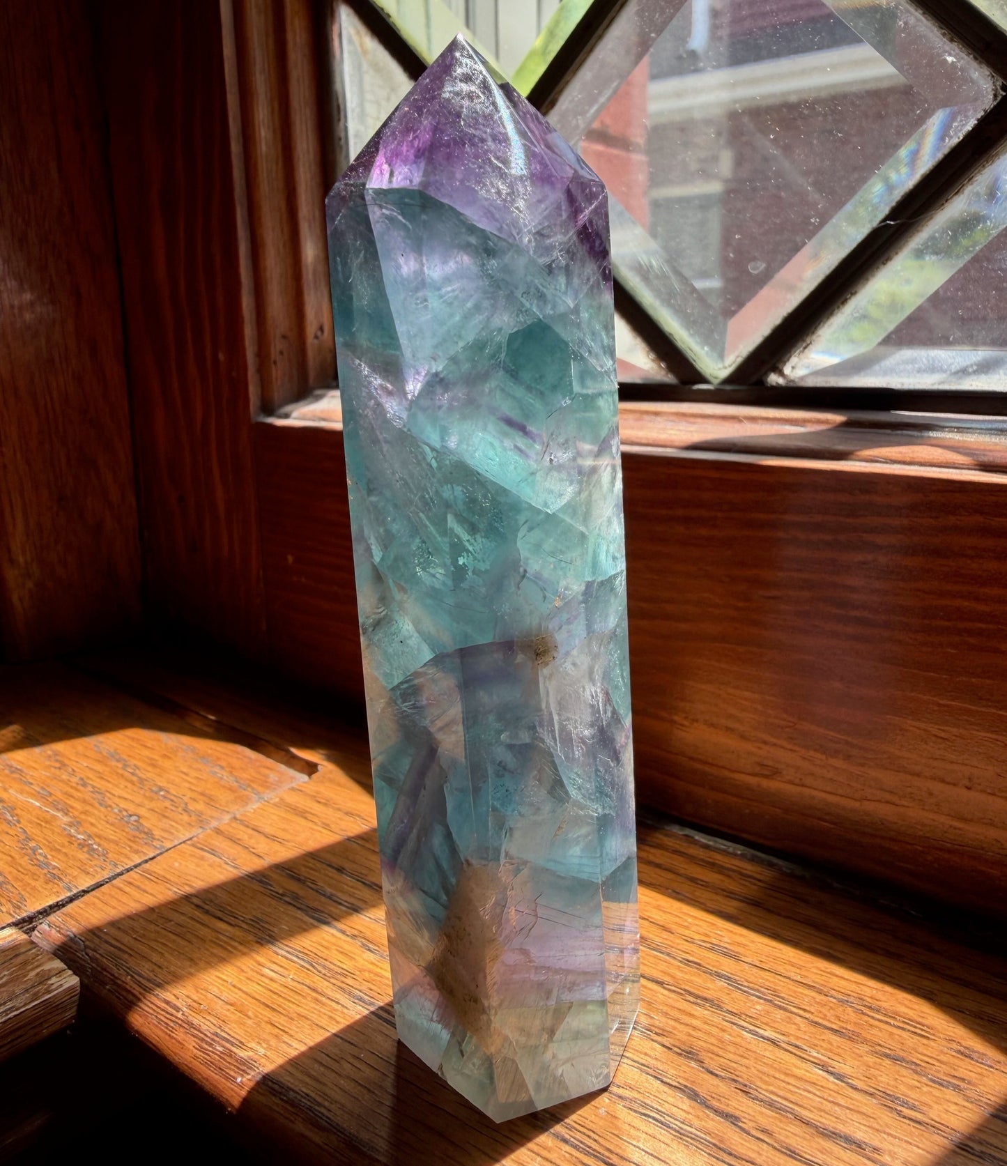 Fluorite Tower | Purple Top with Teal Aqua Body, Banded Crystal Point | Focus Display Stone