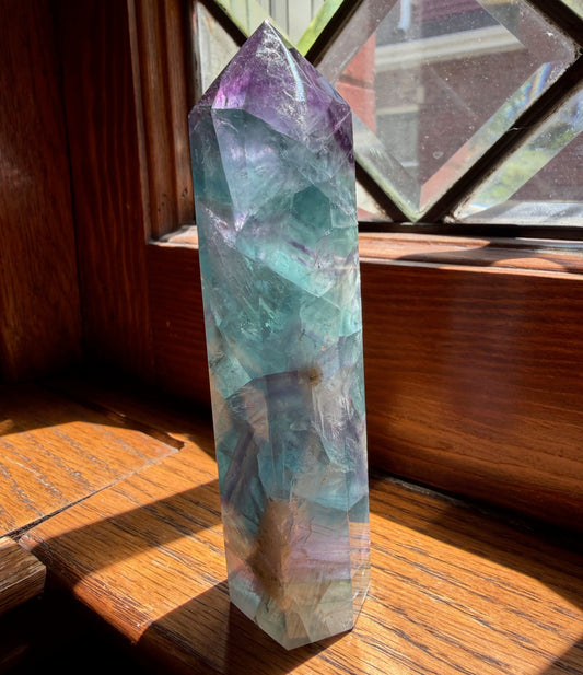 Fluorite Tower | Purple Top with Teal Aqua Body, Banded Crystal Point | Focus Display Stone