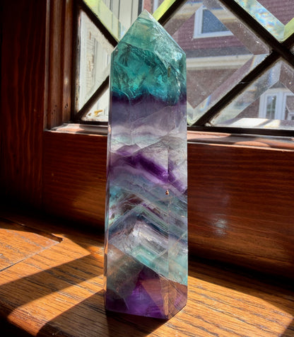 Rainbow Fluorite Tower | Teal Top with Deep Purple Banded Crystal Point | Focus Decor Stone