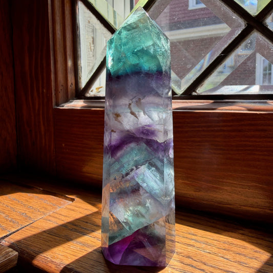 Rainbow Fluorite Tower | Teal Top with Deep Purple Banded Crystal Point | Focus Decor Stone