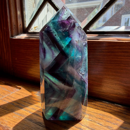 Rainbow Fluorite Tower | Purple Teal Green Banded Crystal Point | Focus Decision Crystal