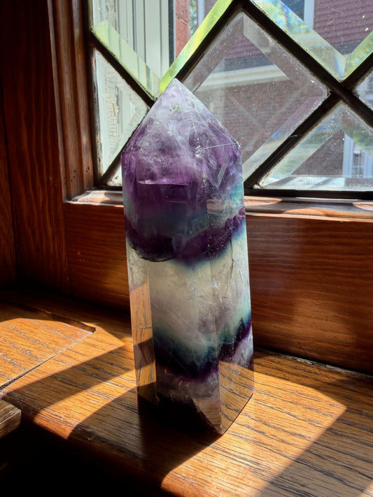 Rainbow Fluorite Tower | Purple & Clear Banded Crystal Point | Natural Fluorite Obelisk