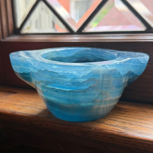 Blue Onyx Trinket Dish | Scalloped Four-Point Catchall Bowl | Blue Banded Calcite Decor