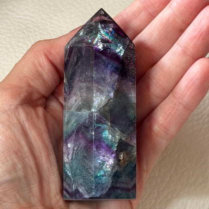 Fluorite Tower | Clear, Purple, and Aqua Banded Crystal Point | Focus and Clarity Decor Stone