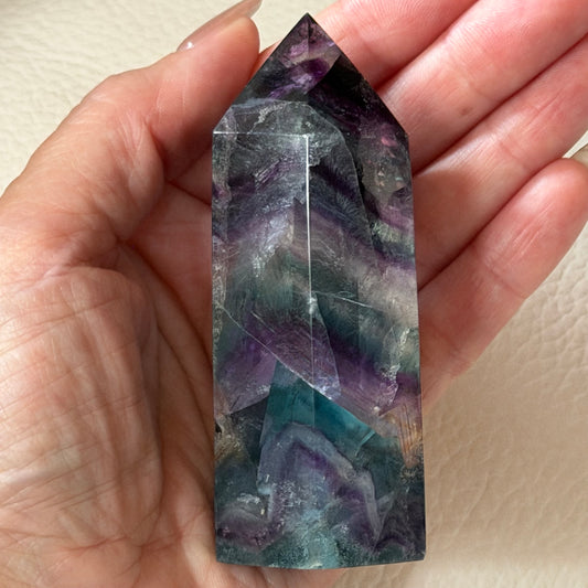 Fluorite Tower | Clear, Purple, and Aqua Banded Crystal Point | Focus and Clarity Decor Stone