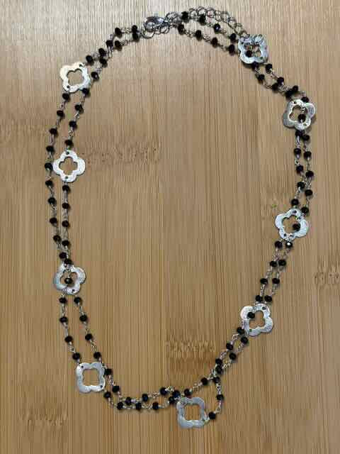 Clover Trellis Black Spinel Double Strand Necklace, Sterling Silver Quatrefoil Beaded Necklace