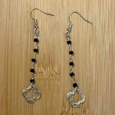 Clover Drop Black Spinel Earrings, Sterling Silver Quatrefoil Dangle Earrings