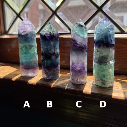 Northern Lights Rainbow Fluorite Tower, Banded Crystal Point, Purple Green Fluorite Decor, Meditation Stone, Crystal Gift