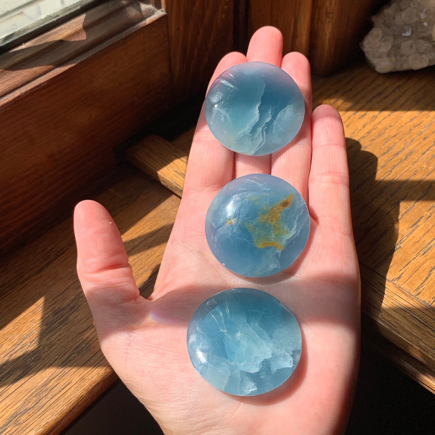 Blue Calcite Cookie Palm Stones (Lemurian Aquatine Calcite) from Argentina