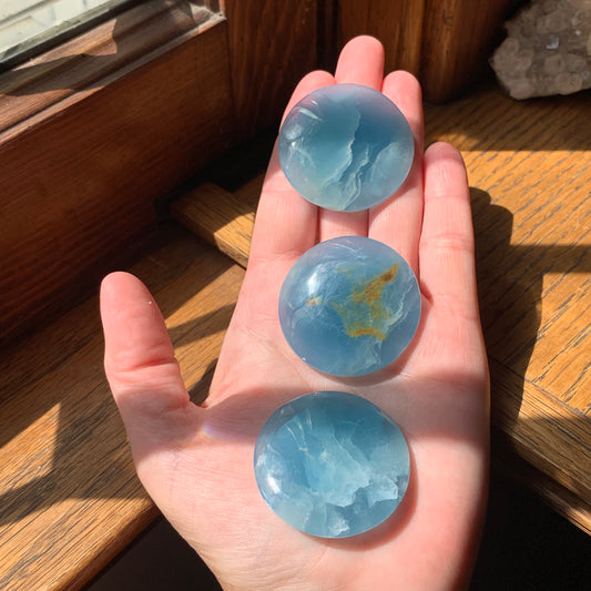 Blue Calcite Cookie Palm Stones (Lemurian Aquatine Calcite) from Argentina