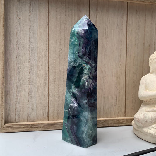 Snowflake Fluorite -  Clear, Purple, Green + Blue Fluorite Tower with Rainbows