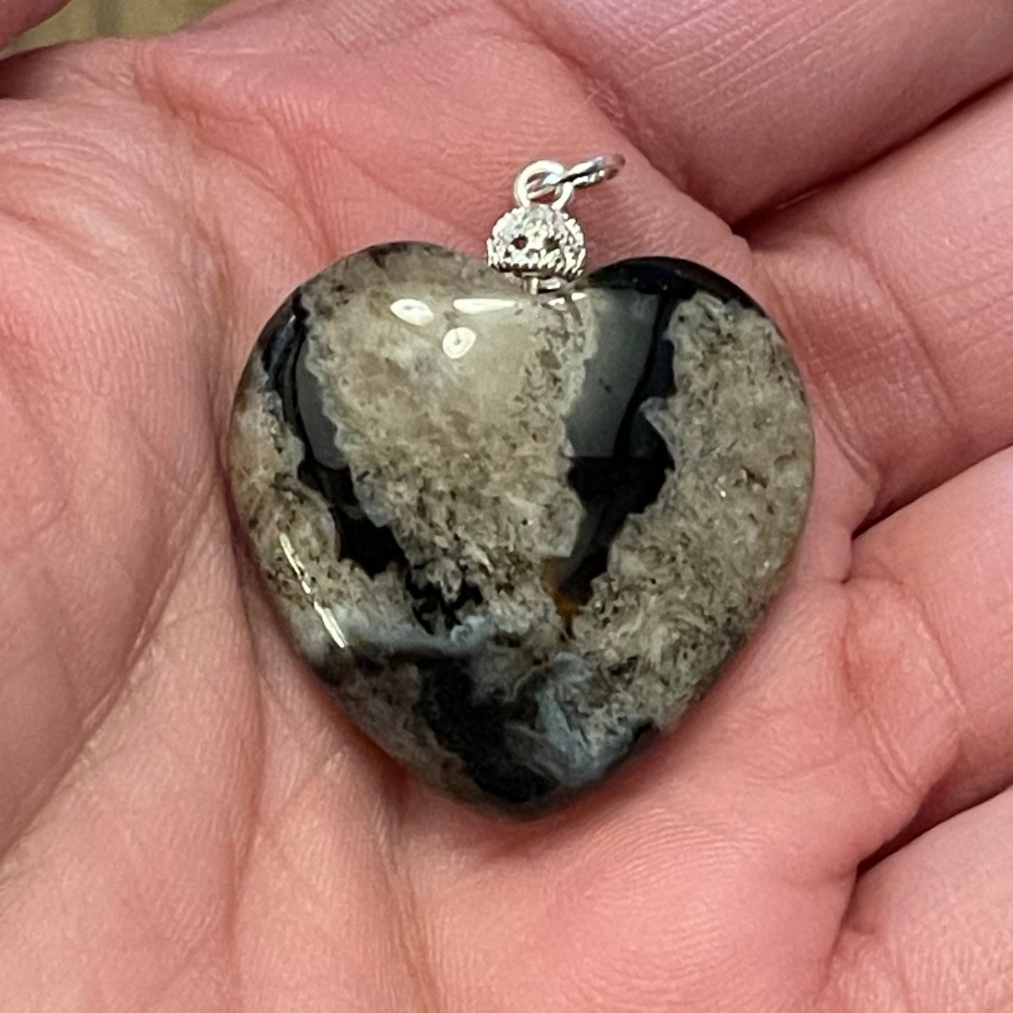 Black Flower Agate Heart Pendant